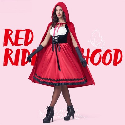 Joyfy Halloween Cosplay Costume for Women Little Red Riding Hood Costume with Dress Cape and Gloves Set for Halloween Party