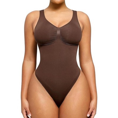 SHAPELLX Seamless Thong Bodysuit for Women Tummy Slimming Body Shaper Going Out Top—Brown 38