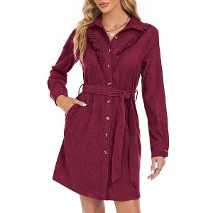 Women's Corduroy Dress Ruffle Hem High Waist Button Front Solid Color Dress With Belt - 1 of 4
