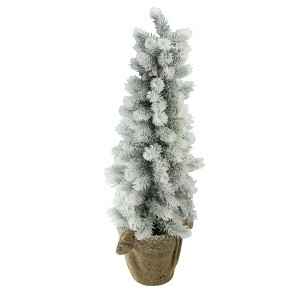 Northlight 28" Unlit Artificial Christmas Tree Potted Slim Flocked Mini Pine in Burlap Covered Vase - 1 of 4