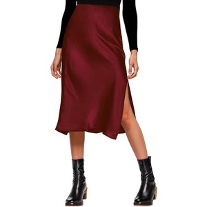 Women's Satin Midi Skirt - High Waist Slit Design with Comfortable Elastic Waistband Winered - 1 of 4