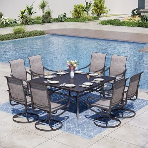 Captiva Designs 9pc Spacious Slat-top Square Metal Table with Umbrella Hole & Textilene Swivel Chairs - 1 of 4