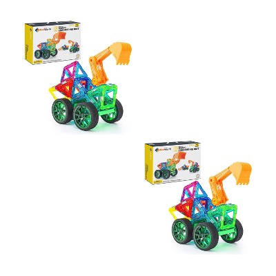 Hurtle Kids Childrens Deluxe 70 Piece Engineering Magnetic Building Block Set with 2 Big Wheels, Car Body, and Bulldozer Arm, Multicolored (2 Pack)