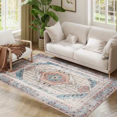 HOMCOM 4x6 Area Rug, Vintage Machine Washable Rug, Non-Slip Floor Carpet for Living Room, Bedroom, Dining Room, Home Office, Brown and Blue