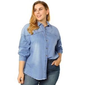 Agnes Orinda Women's Plus Size Raw Hem Button Down Lapel Long Sleeve Casual Denim Shirts - 1 of 4