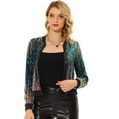 INSPIRE CHIC Women's Sequin Long Sleeve Zipper Front Sparkle Bomber Jackets