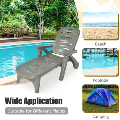 Gray Adjustable Outdoor Chaise Lounge with Arms and Wheels