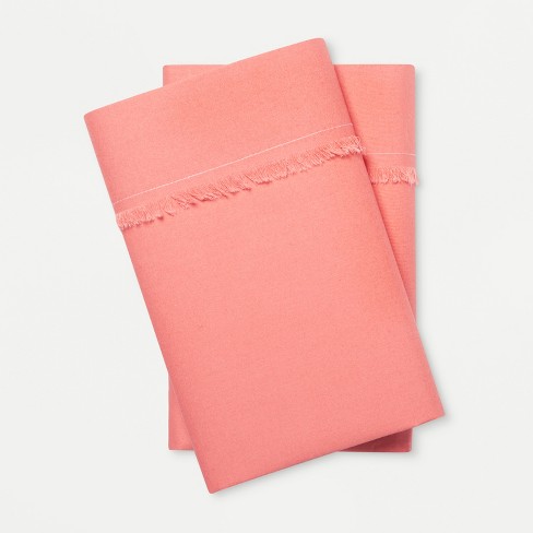 Solid Fringe Percale Cotton Pillowcases Standard Coral