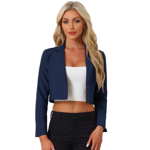Allegra K Women's Long Sleeve Open Front Notched Lapel Business Cropped Blazers Small Dark Blue