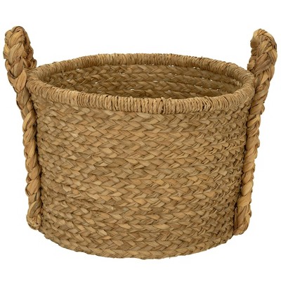 Handwoven Water Hyacinth Round Wicker Storage Basket with Braided Handles