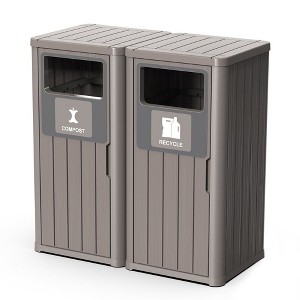 CAVINAS Dual Compartment Outdoor Trash Can, 2x80L Wood-Design Recycling Bin with Weatherproof Lids & Drainage Tray - 1 of 4