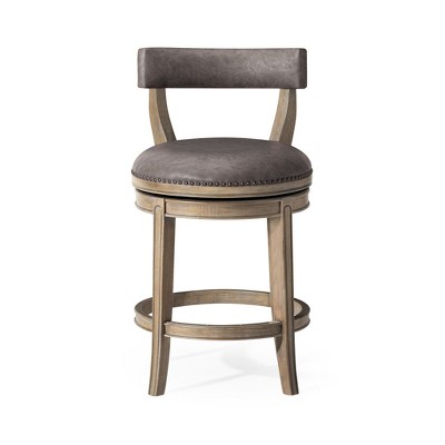 HomeRoots 26" Gray and Cool Gray Faux Leather and Solid Wood Low Back Counter Height Swivel Bar Chair
