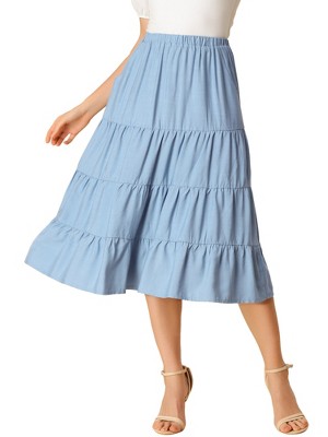 INSPIRE CHIC Women's Midi Solid Elastic Waist Flare Tiered A-Line Skirt with Pockets