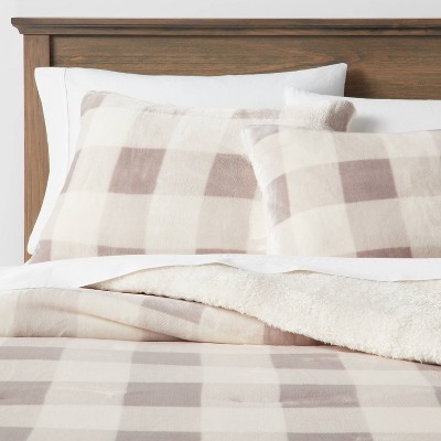 Full/Queen Traditional Cozy Faux Shearling Comforter & Sham Set Gray/Cream - Threshold™