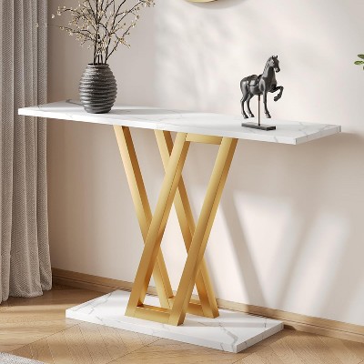 Gold and White Faux Marble Console Table with V-Legs