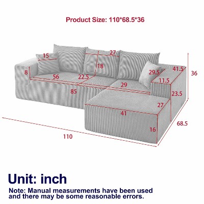 Modern Corduroy Upholstered Sectional Sofa Couch Set, Modular 110" L-Shaped Sectional Living Room Sofa Set with 5 Cushions