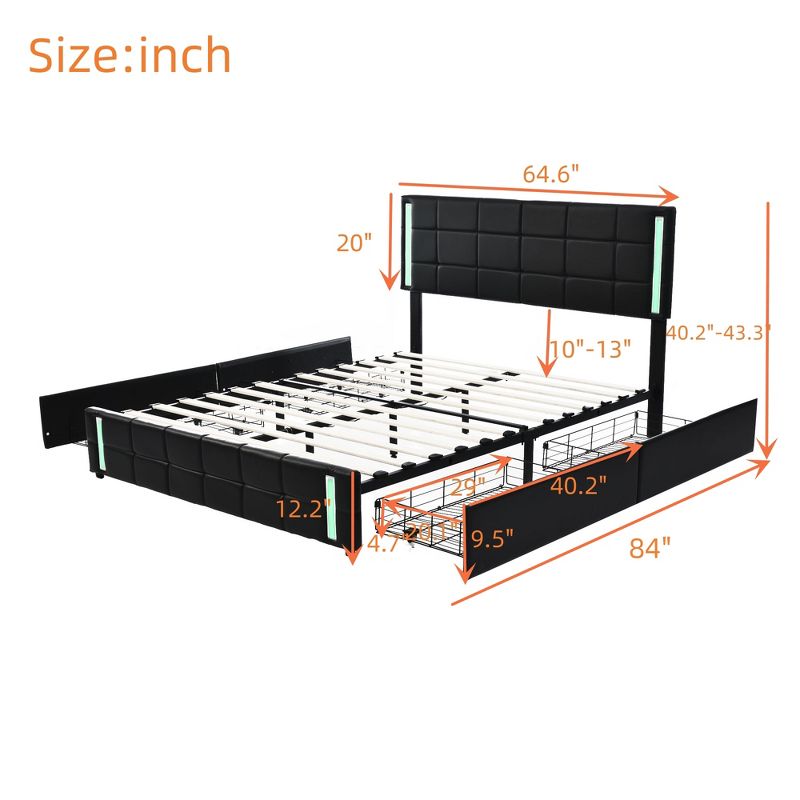 Queen Size PU Upholstered Platform Bed with LED Lights and USB Charging, Storage Bed with 4 Drawers - ModernLuxe, 4 of 13