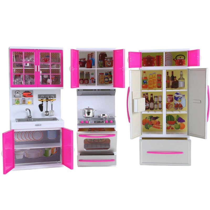 Insten Mini Modern  Kitchen Playset for Dolls with Refrigerator, Stove, Sink, Pink, 15 x 12.5 in, 2 of 7