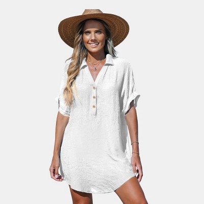 Women's Collared V-Neck Front Button Mini Cover-Up Dress - Cupshe