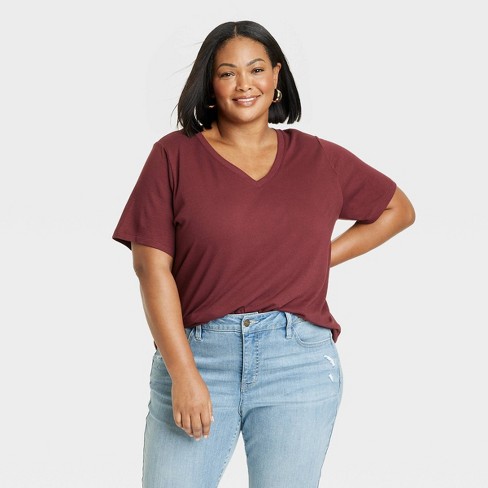 Women's Short Sleeve V-neck T-shirt - Ava & Viv™ Burgundy 4x : Target