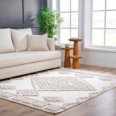 Cream Geometric High-Low Polyester Area Rug 5'3" x 7'