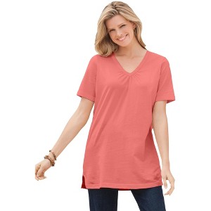 Woman Within Plus Size Perfect Short-Sleeve Shirred V-Neck Tunic - 1 of 4