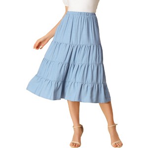 INSPIRE CHIC Women's Midi Solid Elastic Waist Flare Tiered A-Line Skirt with Pockets - 1 of 4