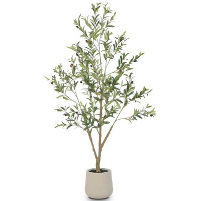 Artificial Olive Tree Tall Faux Silk Tree with White Tall Planter,  with Natural Wood Trunk and Lifelike Fruits