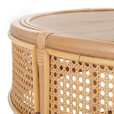 Natural Mango Wood Round Coffee Table with Rattan Mesh