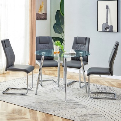 5-Piece Dining Set with Tempered Glass Round Table and 4 PU Armless Chairs