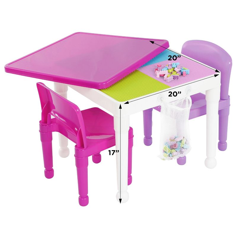 3pc Kids&#39; 2 in 1 Square Activity Table with Chairs and 100pc Building Blocks Pink/Purple - Humble Crew, 2 of 12