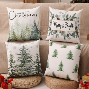 Christmas Pillow Covers 18"x18" Set of 4,  Cute Christmas Patterns, Tree, Merry Christmas - 1 of 2
