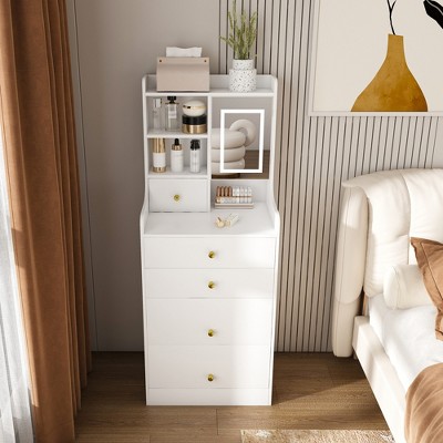 VYNXARIA 3-in-1 Dressing Table with Storage Stool,Compact Makeup Vanity with 4 Drawers, Hidden Stool & Open Bookshelf,White