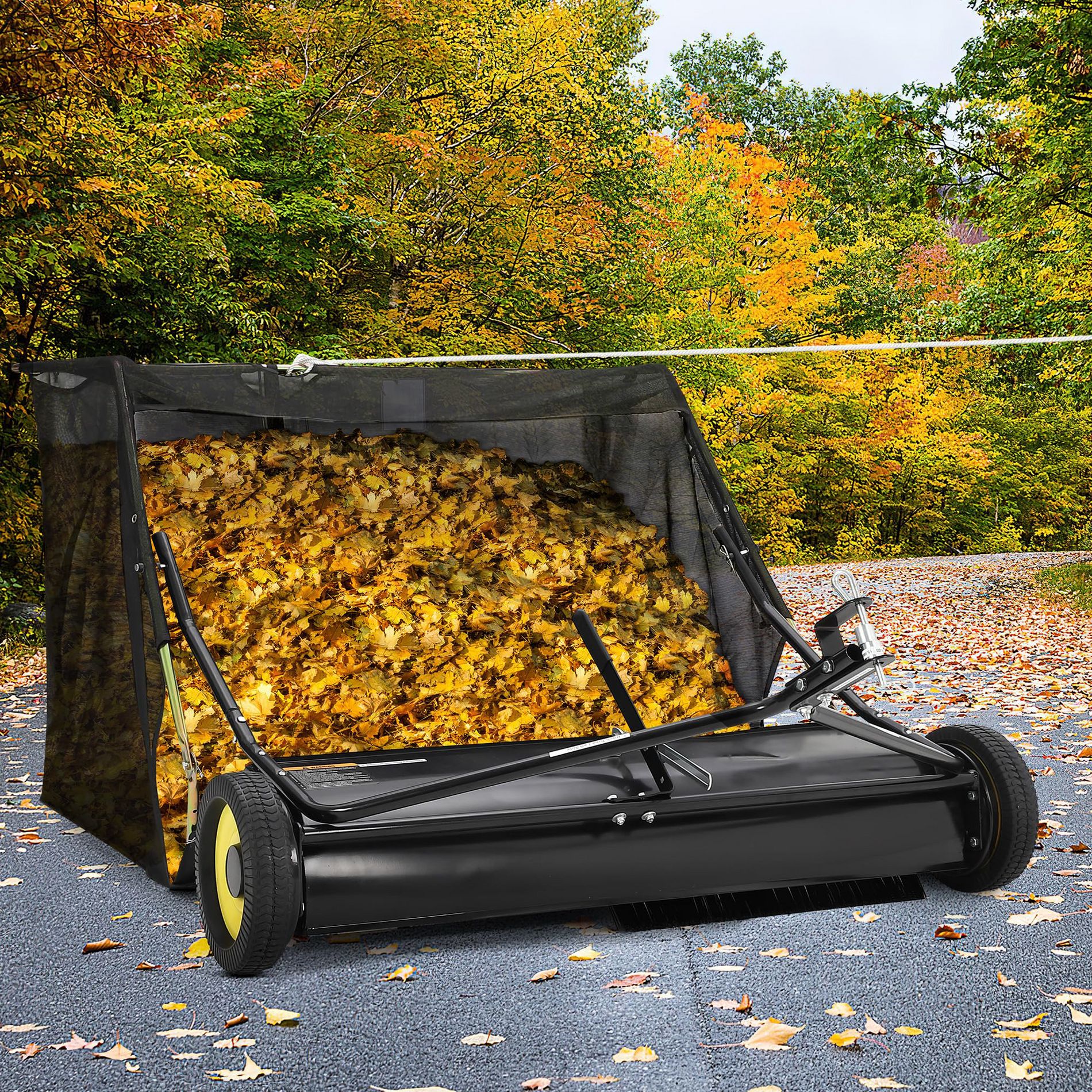 Lawn Sweeper, Tow Behind 44" - Large Hopper Leaf & Grass Collector with Adjustable Brush Height, Yard Cleanup Tool