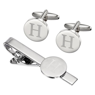Unique Bargains Copper Engraved Initial Men Cufflinks and Tie Clip Bar Set Silver