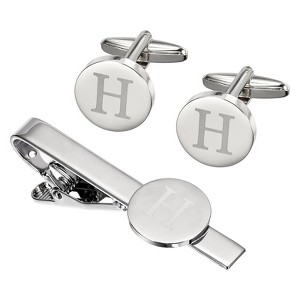 Unique Bargains Copper Engraved Initial Men Cufflinks and Tie Clip Bar Set Silver - 1 of 4