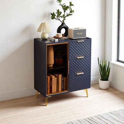 Geometric Carved 3-Drawer Chest with Glass Doors, Aluminum Alloy Frame, and Adjustable Metal Legs – Modern Storage Cabinet for Bedroom