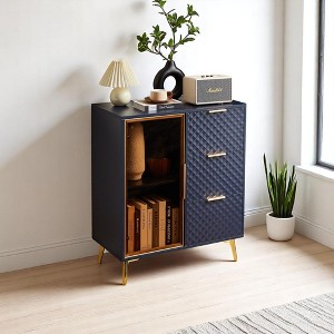Geometric Carved 3-Drawer Chest with Glass Doors, Aluminum Alloy Frame, and Adjustable Metal Legs – Modern Storage Cabinet for Bedroom - 1 of 4