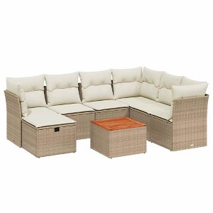 vidaXL 8 Piece Patio Sofa Set with Cushions Beige and Cream Poly Rattan - 3x Middle 3x Corner Footrest Table - 1 of 4