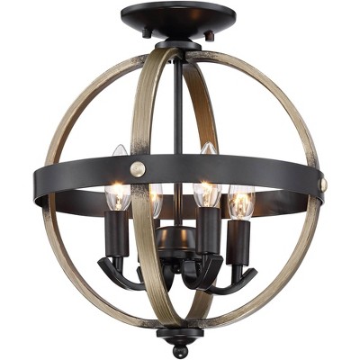 Franklin Iron Works Rustic Farmhouse Ceiling Light Flush Mount Fixture Orb Bronze Faux Wood 15 1/2" Wide 4-Light Bedroom Kitchen