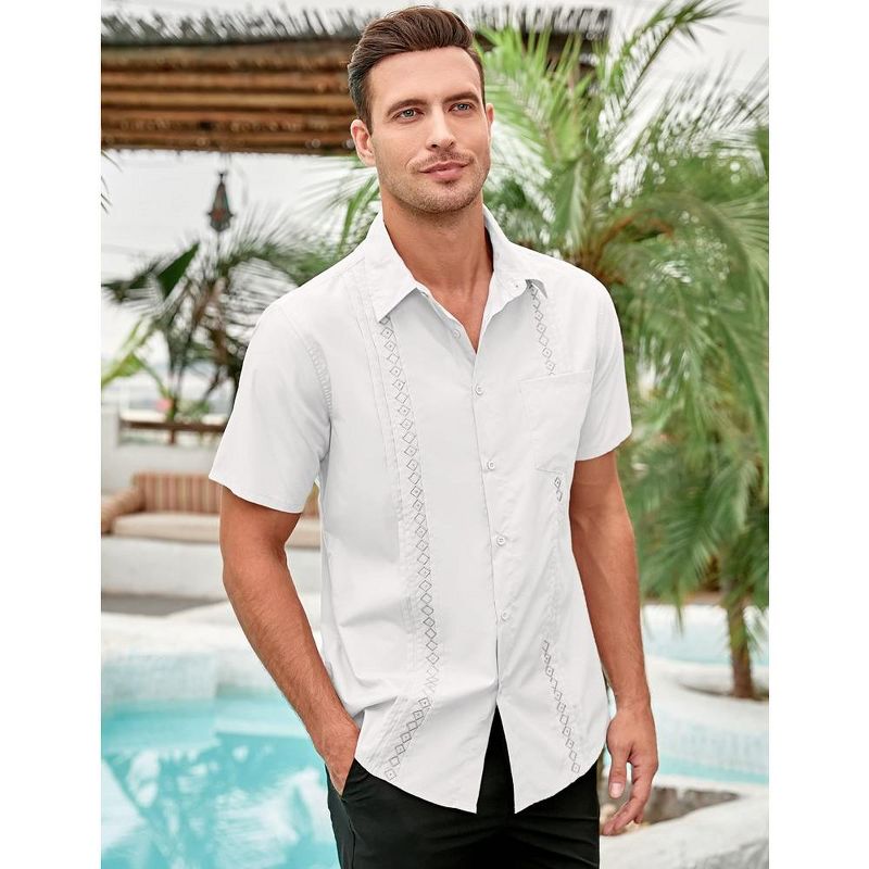 Men's Cotton Linen Shirt Short Sleeve Cuban Guayabera Casual Summer Beach Button Down Shirts with Pocket, 3 of 7