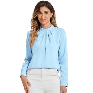 Allegra K Women's Business Casual Stand Collar Chiffon Long Sleeve Blouse - 1 of 4
