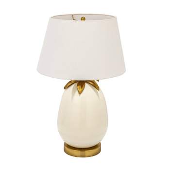 Storied Home Metal Base Table Lamp with Pineapple Detail and Shade White and Gold