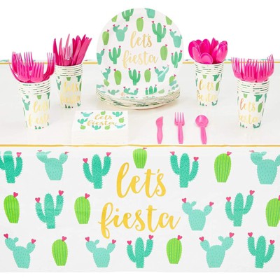 Photo 1 of Sparkle and Bash 145 Pieces Let's Fiesta Party Supplies, Cactus Plates, Napkins, Cups, Cutlery, Tablecloth for Birthday Decorations, Serves 24