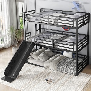 KWPZQEB Triple Bunk Bed with Ladder & Guardrail, Metal Triple Bunk Bed with Slide & Noise-reduced Design,Heavy-duty Bunk Bed, Easy Assembly, Black - 1 of 4