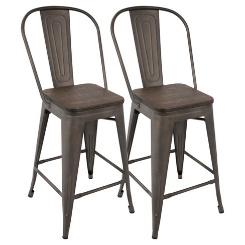 Set Of 2 24 Oregon Industrial High, High Back Bar Stools With Arms