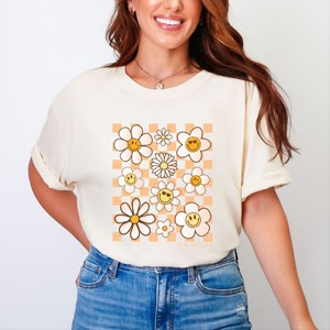 Simply Sage Market S.W.Smiley Checkered Smiley Face Flowers Garment Dyed Tee - M - Ivory - 1 of 4