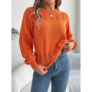 Women's Crew Neck Lace Knit Puff Sleeve Hollow Pullover Sweater Tops - 1 of 4