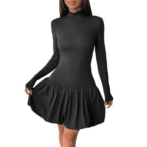 Clearlove Womens Bodycon Dresses Long Sleeve Dress Mock Neck Ruched Ruffle Layered Mini Party Puff Dresses - 1 of 4
