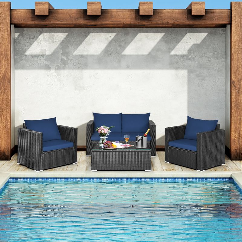 Costway 4PCS Patio Rattan Furniture Set Cushioned Sofa Loveseat with Navy & Turquoise Cover, 4 of 11